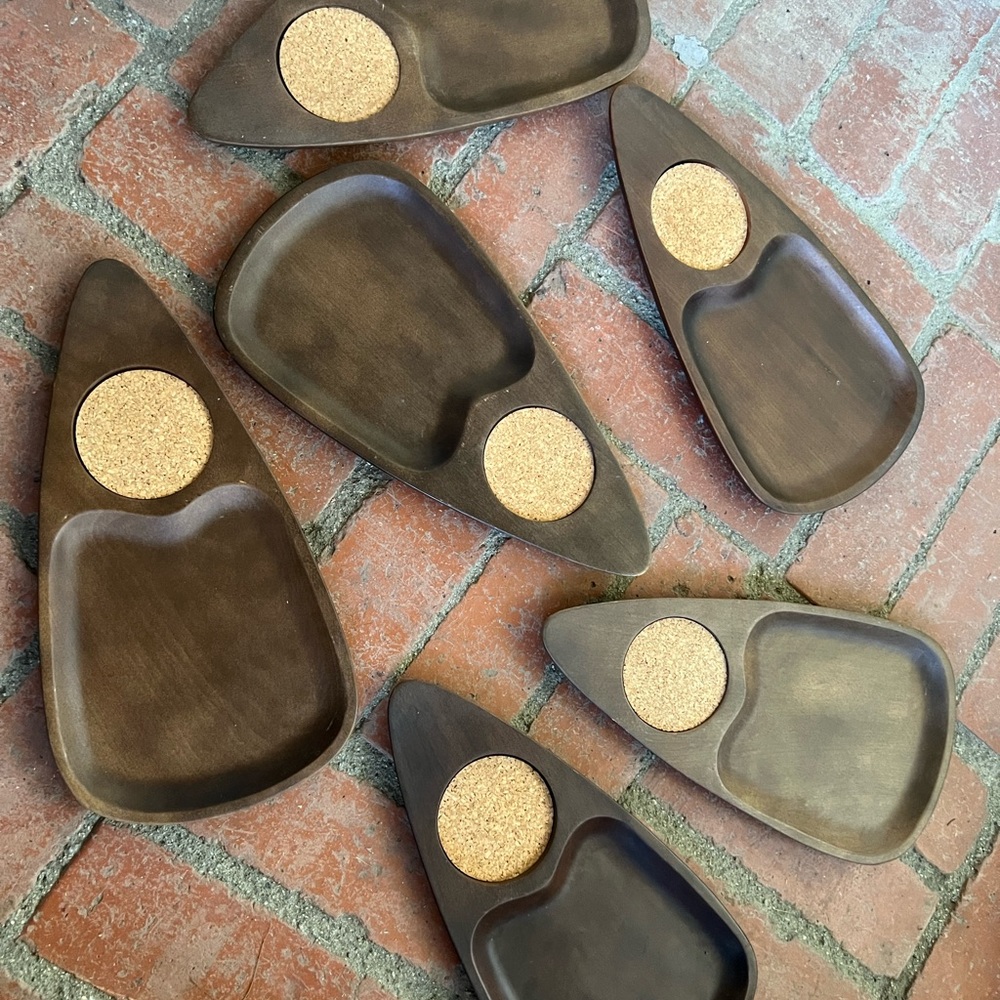 1960’s Japanese Wooden Appetizer Snack /Cocktail Coasters - Set of 7 - Picture 1 of 8
